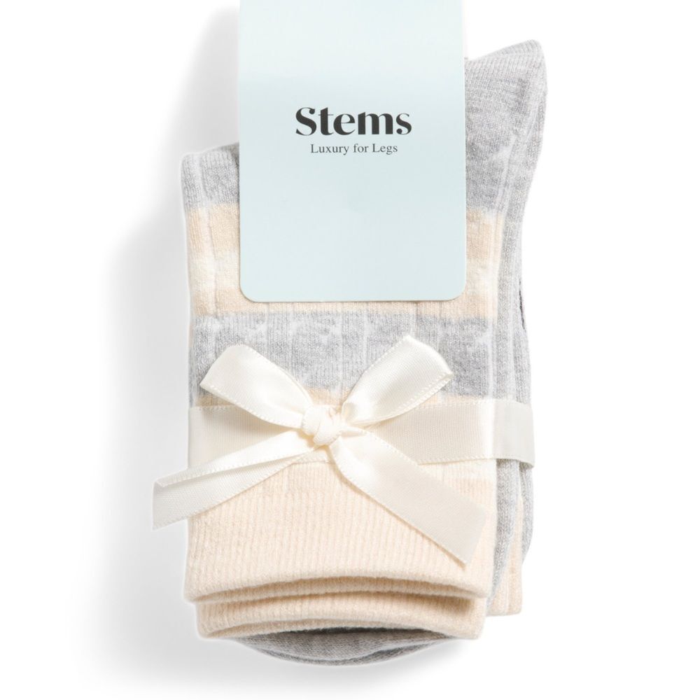 Stems 2 pk Grey Ivory Varsity Stripe Cashmere Cotton Blend Stretch Knit Socks